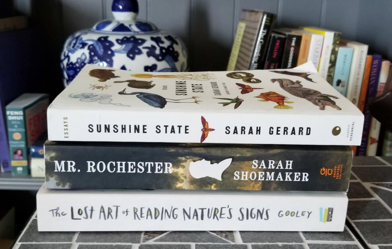 A collection of these three books on a bookshelf: Sunshine State, Mr. Rochester, The Lost Art of Reading Nature's Signs