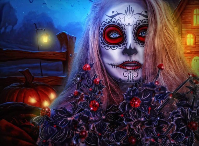 image of woman with sugar skull painted on her face and haunting scene behind her