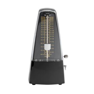 Image of a black metronome with chrome meter